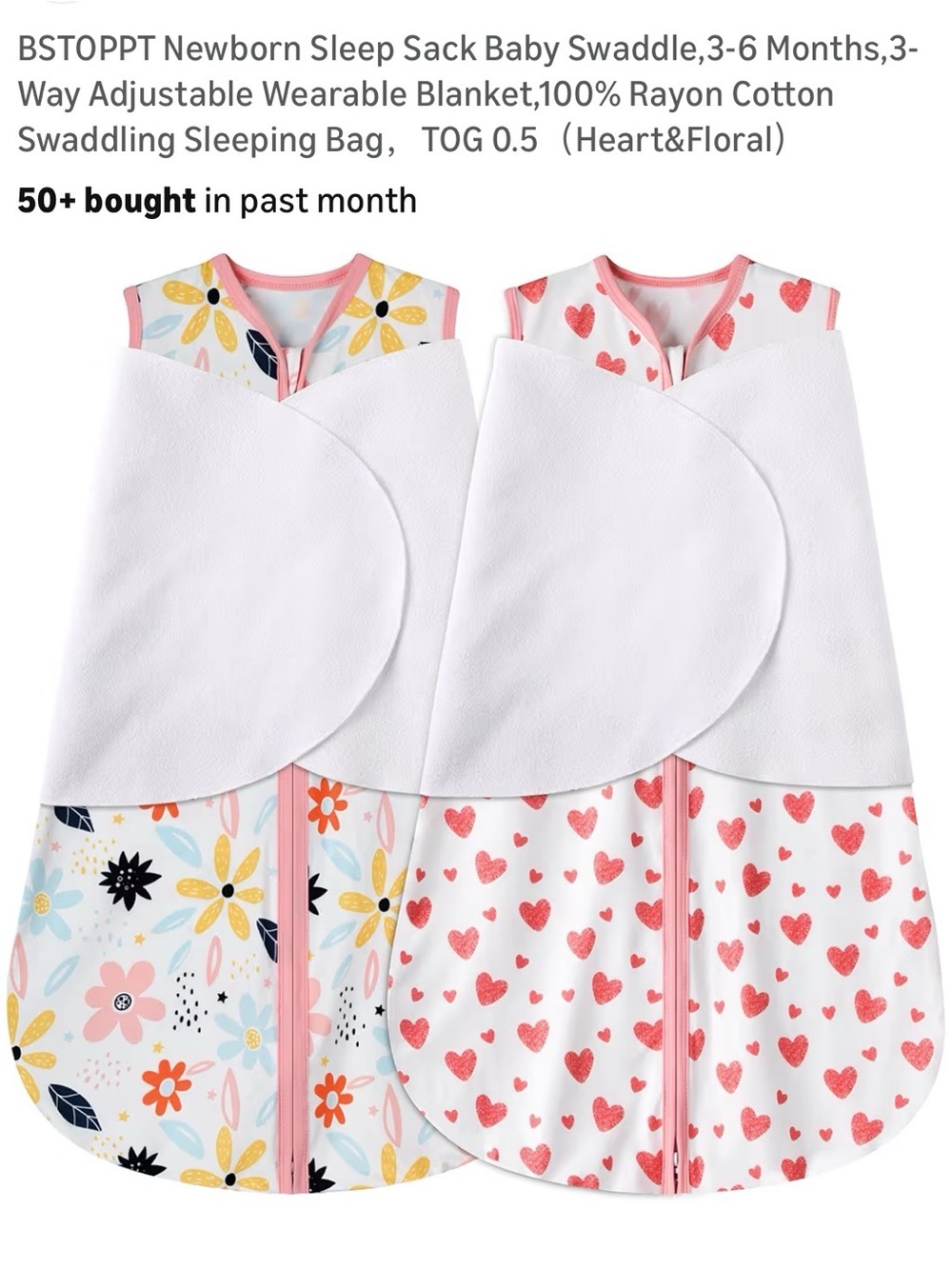 Newborn Sleep Sack Swaddle Set - Floral & Heart Prints, Pink Trim. NWOT. 3-6 m